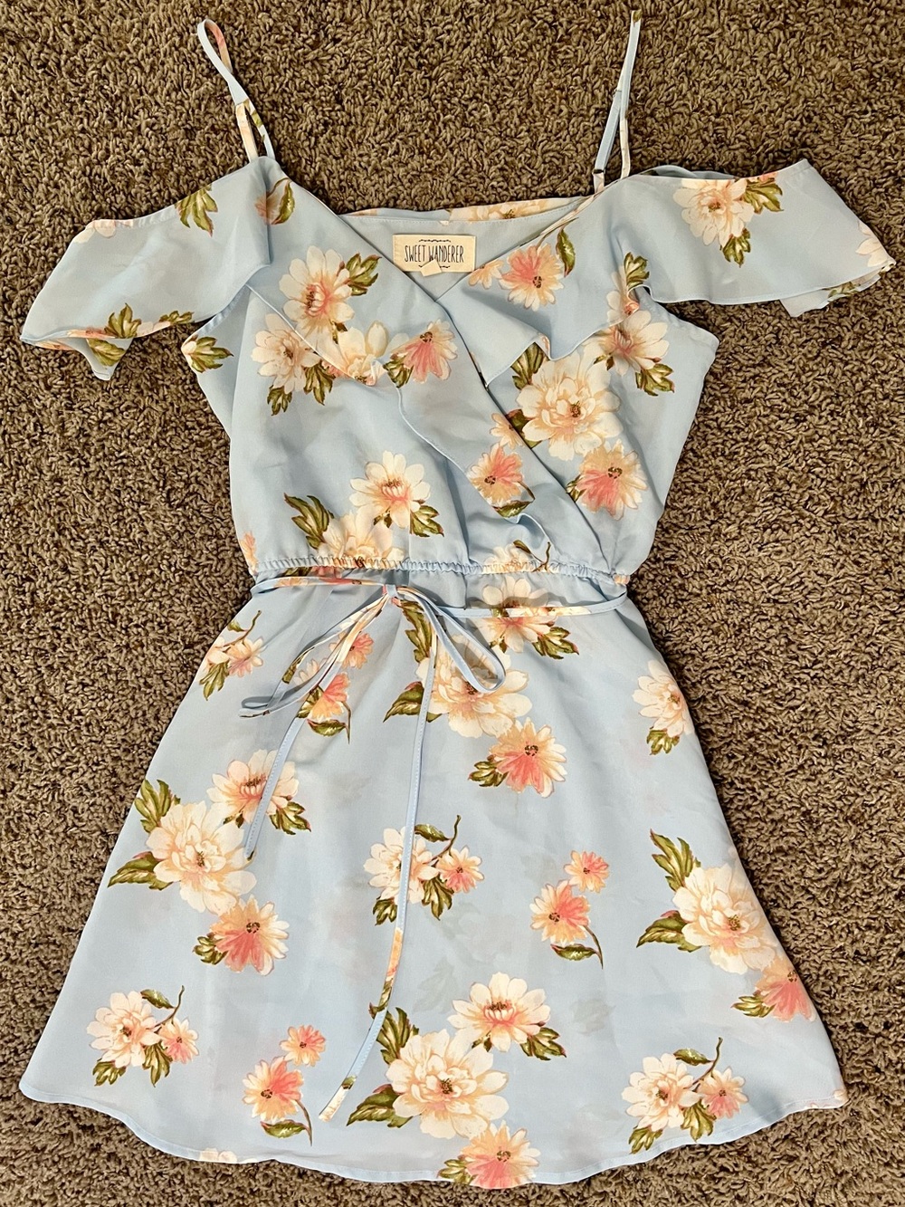Sweet Wanderer Light Blue Floral Off-Shoulder Dress